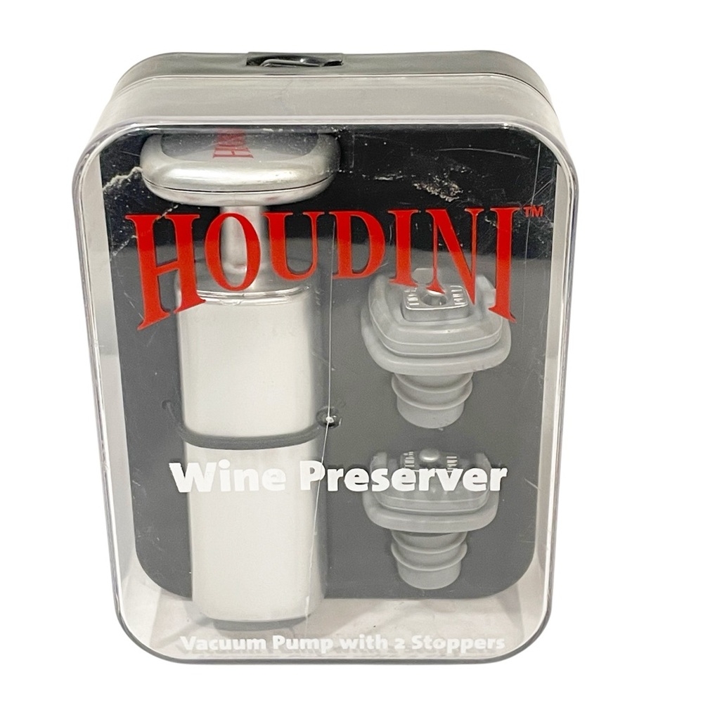 Houdini Wine Preserver Vacuum Pump Two Bottle Stoppers Bar Home Kitchen‎ NEW